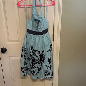 Elegant Floral Halter Dress in Blue and Black